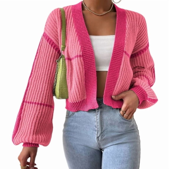 Women'S Color Block Crop Cardigan Top Long Sleeve Open Front Sweater Peach Color Style M