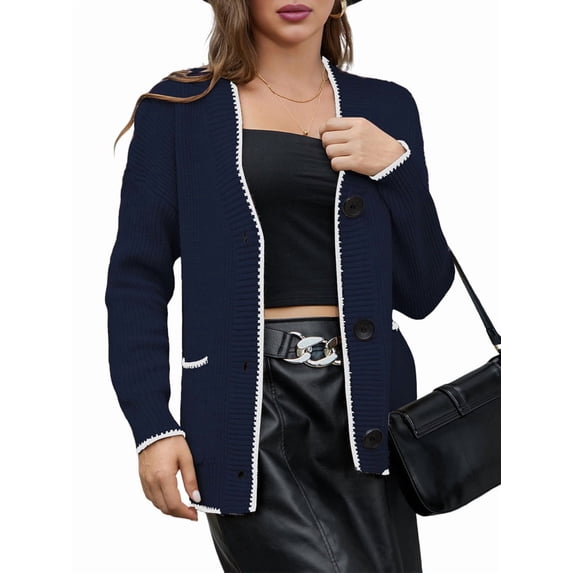 Women'S Color Block Long Sleeves Sweater Fall Button Down Casual Coatigan Soft Knit Coat with Pocket Navy Blue L