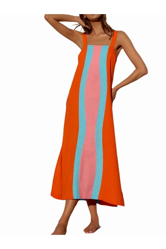 Women'S Color Block Maxi Dress Sleeveless Striped Flowy Square Neck Backless Summer Dress Orange-Red S