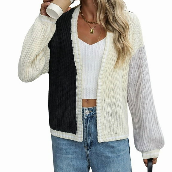 Women'S Color Block Open Front Cardigan Contrast Striped Chunky Cardigan Sweater Outerwear Coat Black L