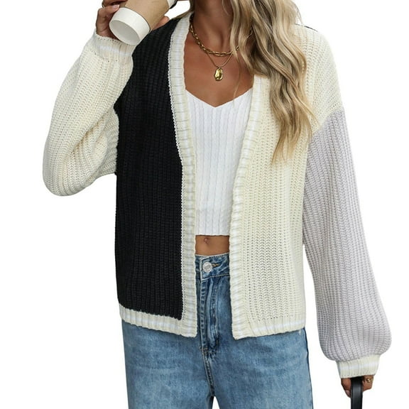 Women'S Color Block Open Front Cardigan Contrast Striped Chunky Cardigan Sweater Outerwear Coat Black XL