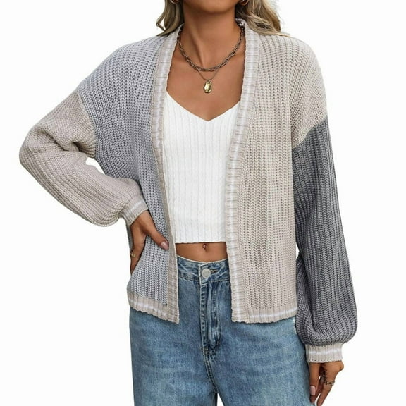 Women'S Color Block Open Front Cardigan Contrast Striped Chunky Cardigan Sweater Outerwear Coat Grey M