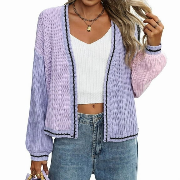 Women'S Color Block Open Front Cardigan Contrast Striped Chunky Cardigan Sweater Outerwear Coat  L