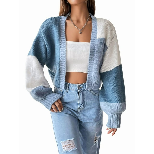 Women'S Color Block Open Front Long Sleeve Ribbed Knit Cropped Cardigan Sweaters Blue XL