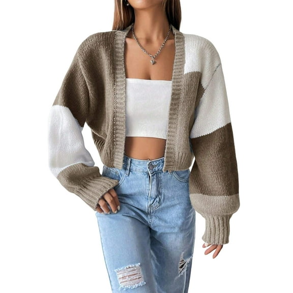 Women'S Color Block Open Front Long Sleeve Ribbed Knit Cropped Cardigan Sweaters Brown S