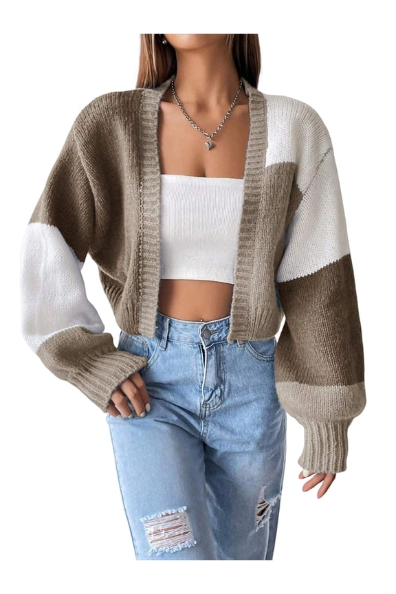 Women'S Color Block Open Front Long Sleeve Ribbed Knit Cropped Cardigan Sweaters Brown S