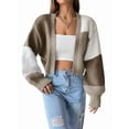 thumbnail image 1 of Women'S Color Block Open Front Long Sleeve Ribbed Knit Cropped Cardigan Sweaters Brown S, 1 of 8