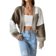 thumbnail image 1 of Women'S Color Block Open Front Long Sleeve Ribbed Knit Cropped Cardigan Sweaters Brown XXXL, 1 of 8