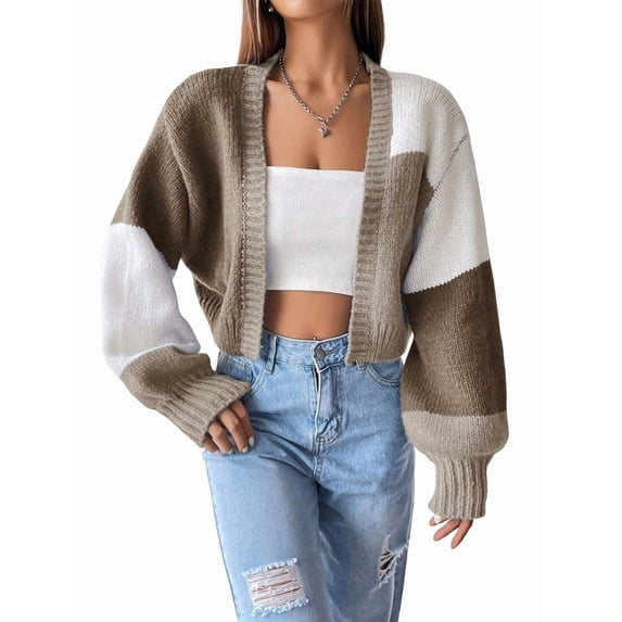 Women'S Color Block Open Front Long Sleeve Ribbed Knit Cropped Cardigan Sweaters Brown XXXL