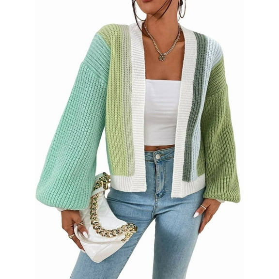 Women'S Color Block Open Front Long Sleeve Ribbed Knit Cropped Cardigan Sweaters Green M