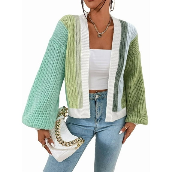 Women'S Color Block Open Front Long Sleeve Ribbed Knit Cropped Cardigan Sweaters Green XXL