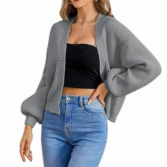 Women'S Color Block Open Front Long Sleeve Ribbed Knit Cropped Cardigan Sweaters Grey XL