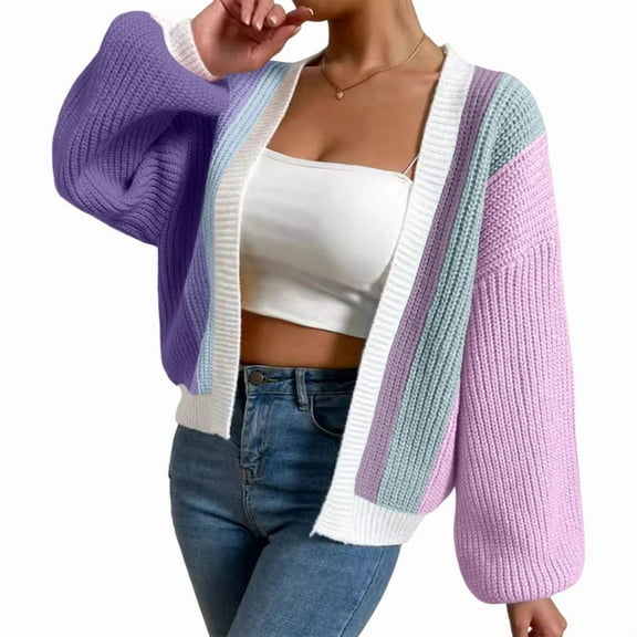 Women'S Color Block Open Front Long Sleeve Ribbed Knit Cropped Cardigan Sweaters  L