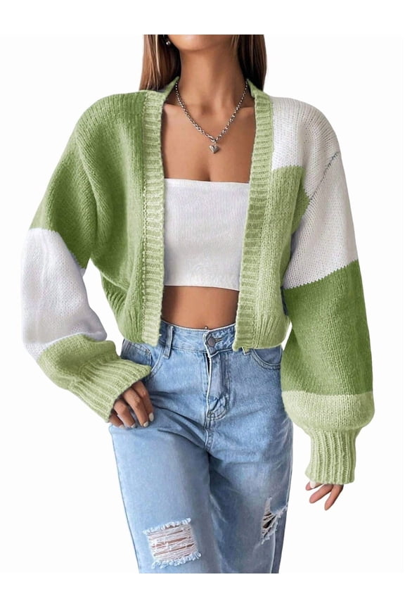 Women'S Color Block Open Front Long Sleeve Ribbed Knit Cropped Cardigan Sweaters Light Green M