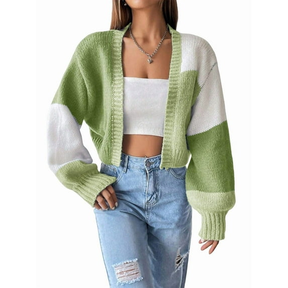 Women'S Color Block Open Front Long Sleeve Ribbed Knit Cropped Cardigan Sweaters Light Green XXXL