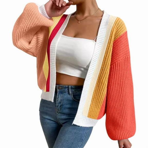 Women'S Color Block Open Front Long Sleeve Ribbed Knit Cropped Cardigan Sweaters Orange & Red S