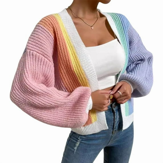 Women'S Color Block Open Front Long Sleeve Ribbed Knit Cropped Cardigan Sweaters Pink Blue L