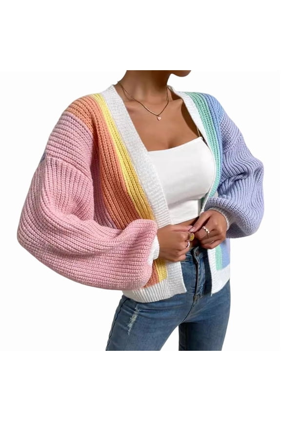 Women'S Color Block Open Front Long Sleeve Ribbed Knit Cropped Cardigan Sweaters Pink Blue M