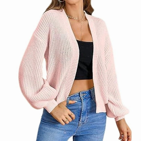 Women'S Color Block Open Front Long Sleeve Ribbed Knit Cropped Cardigan Sweaters Pink XXL