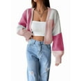 thumbnail image 1 of Women'S Color Block Open Front Long Sleeve Ribbed Knit Cropped Cardigan Sweaters Pink XXXL, 1 of 8