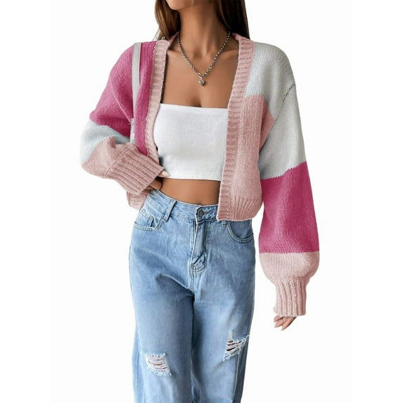 Women'S Color Block Open Front Long Sleeve Ribbed Knit Cropped Cardigan Sweaters Pink XXXL