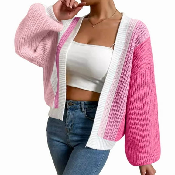 Women'S Color Block Open Front Long Sleeve Ribbed Knit Cropped Cardigan Sweaters Rose Red L