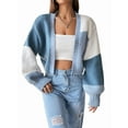 thumbnail image 1 of Women'S Color Block Open Front Long Sleeve Ribbed Knit Cropped Cardigan Sweaters Sky Blue XL, 1 of 9