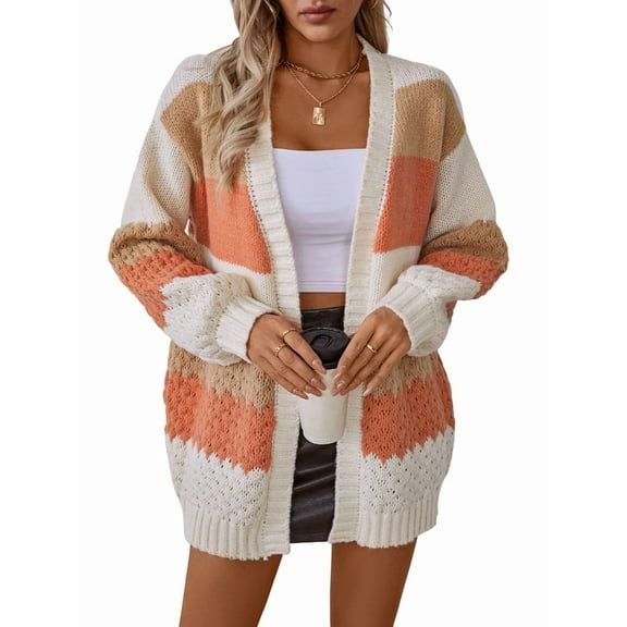 Women'S Color Block Open Front Long Sleeve Ribbed Knit Mid-Length Cardigan Sweaters Orange Color L