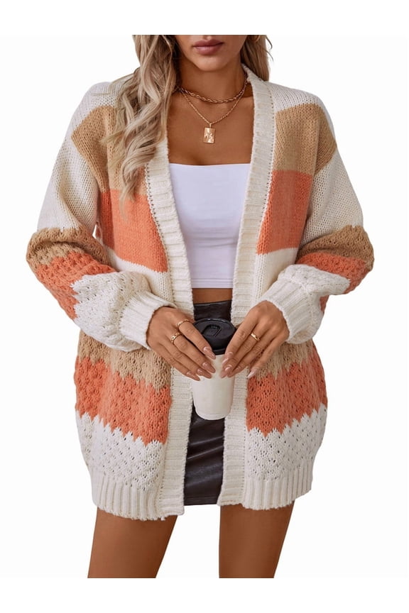 Women'S Color Block Open Front Long Sleeve Ribbed Knit Mid-Length Cardigan Sweaters Orange Color S