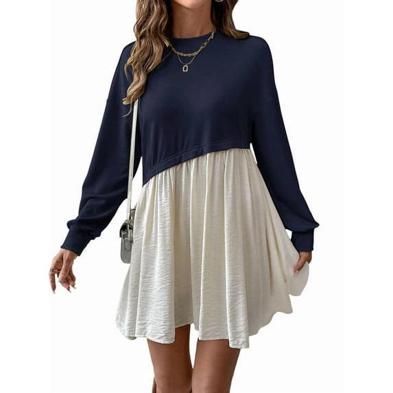 Women'S Color Block Round Neck Long Sleeve Ruffle Hem Casual A Line Short Dress Navy Blue M