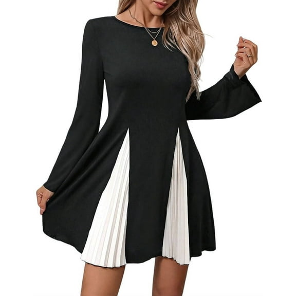 Women'S Color Block Ruffle Hem Puff Bubble Dress Crewneck Long Sleeve Textured Dresses Search This Page Black & White L