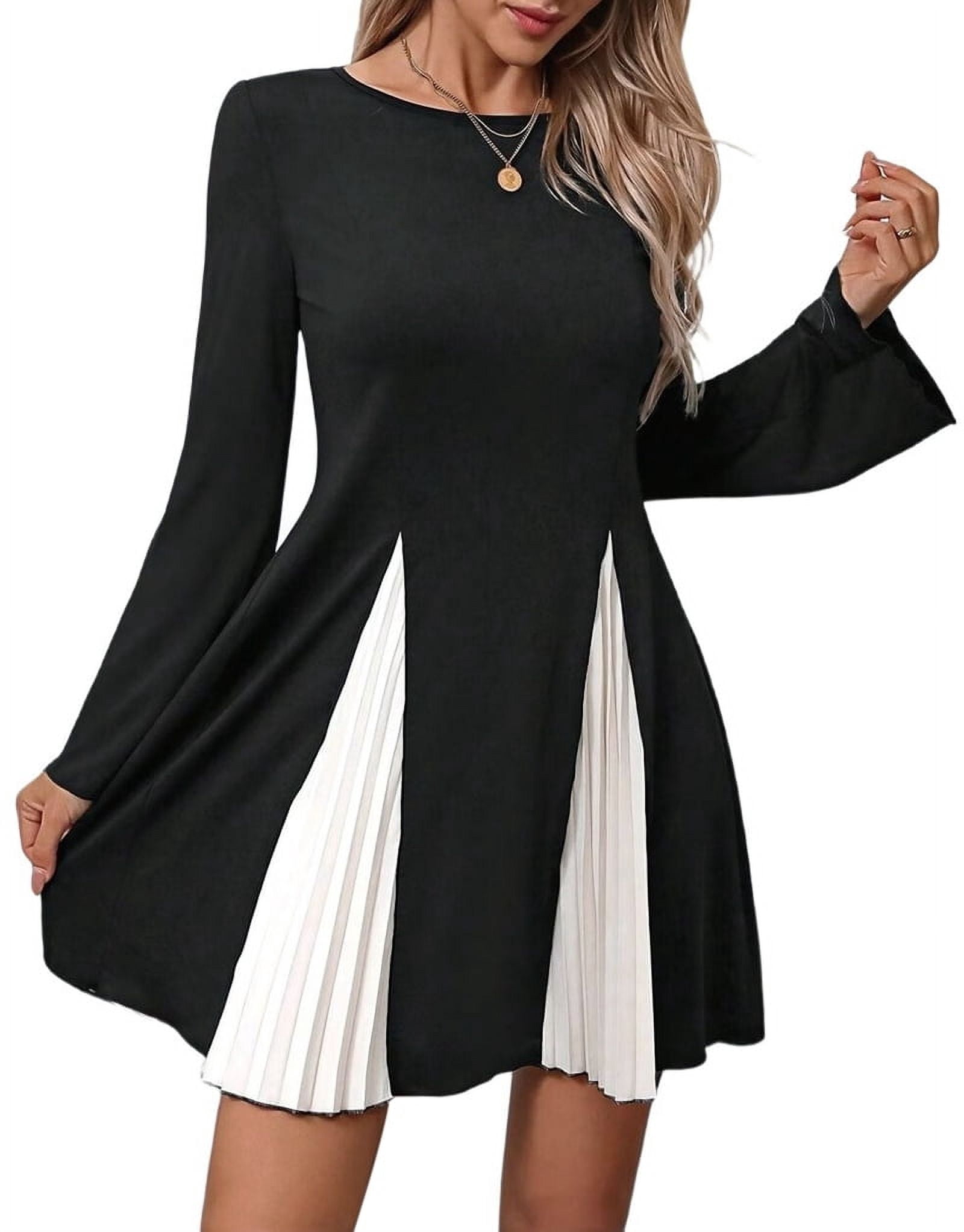 Women'S Color Block Ruffle Hem Puff Bubble Dress Crewneck Long Sleeve  Textured Dresses Search This Page Black & White XL - Walmart.com