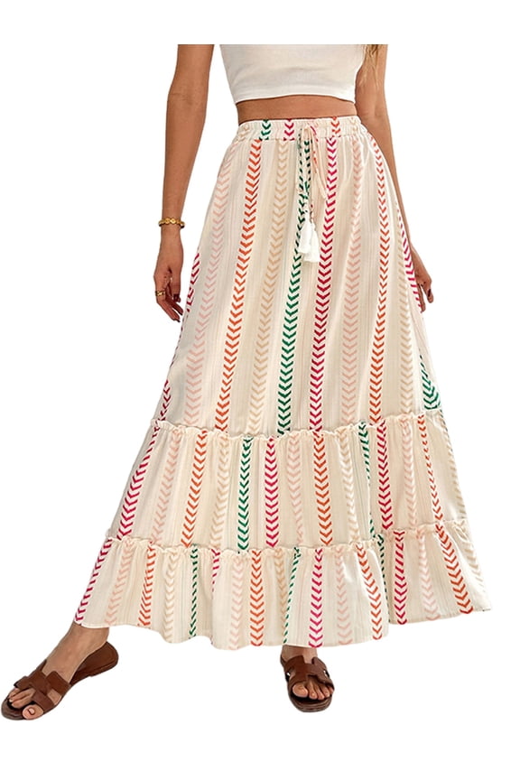Women'S Color Block Skirt Elastic Waist Bohemian Patchwork Midi Skirt Casual Summer Maxi L