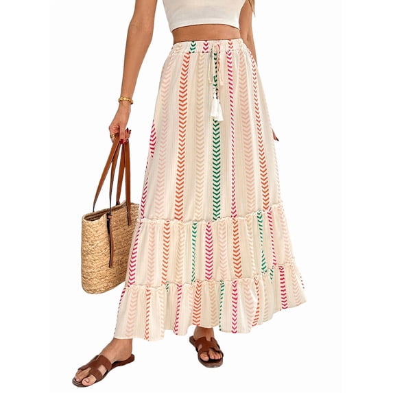 Women'S Color Block Skirt Elastic Waist Bohemian Patchwork Midi Skirt Casual Summer Maxi M