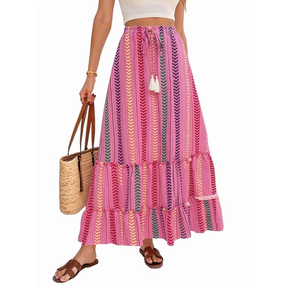Women'S Color Block Skirt Elastic Waist Bohemian Patchwork Midi Skirt Casual Summer Maxi Rose Red XL