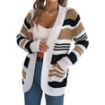 thumbnail image 1 of Women'S Color Block Striped Cardigan Sweater Casual Fall Winter Open Front Knit Cardigan Sweaters with Pockets Khaki L, 1 of 8