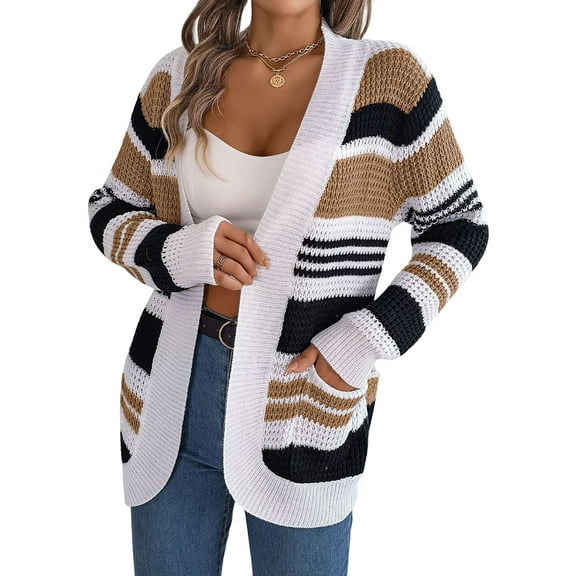 Women'S Color Block Striped Cardigan Sweater Casual Fall Winter Open Front Knit Cardigan Sweaters with Pockets Khaki M