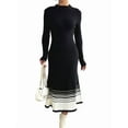 thumbnail image 1 of Women'S Color Block Striped Hem Long Sleeve Sweater Dress Pleated A-Line Swing Ribbed Knit Long Dress Black S, 1 of 8