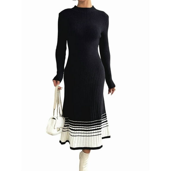 Women'S Color Block Striped Hem Long Sleeve Sweater Dress Pleated A-Line Swing Ribbed Knit Long Dress Black M
