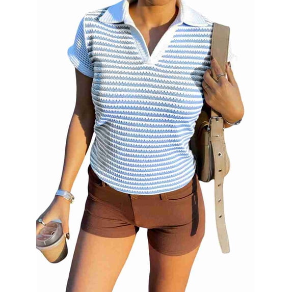 Women'S Color Block Striped Short Sleeve Crochet Knit Collared Tops Light-Weight Casual Tee Shirt S