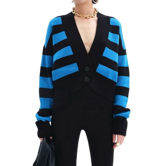 Women'S Color Block Striped Sweater Long Sleeve Cardigan Button Down V Neck Knit Top Fashion Knitwear Peacock Blue L