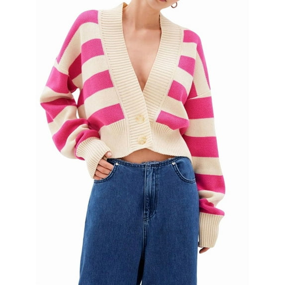 Women'S Color Block Striped Sweater Long Sleeve Cardigan Button Down V Neck Knit Top Fashion Knitwear Rose Red L