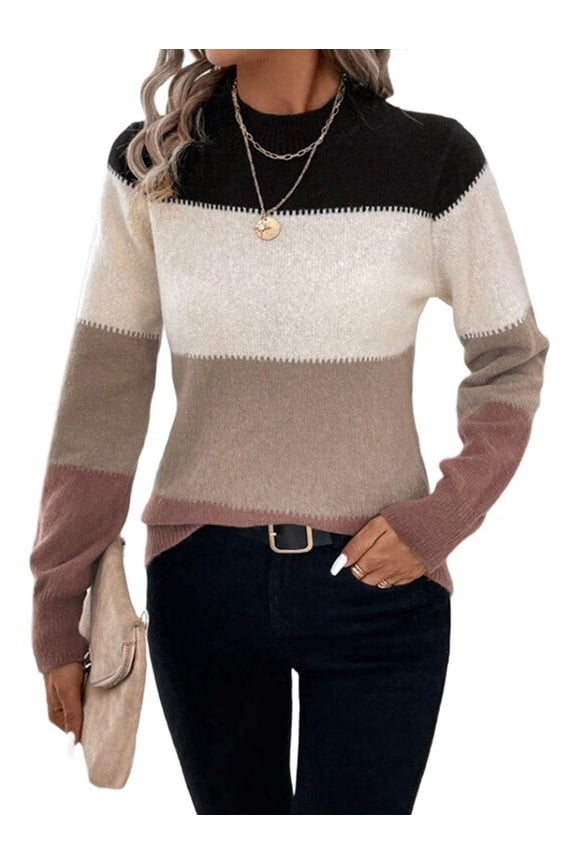 Women'S Color Block Sweaters Long Sleeve Mock Neck Tops Loose Knitted Pullover Sweater Camel S