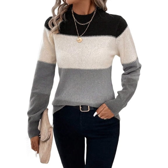 Women'S Color Block Sweaters Long Sleeve Mock Neck Tops Loose Knitted Pullover Sweater Grey S