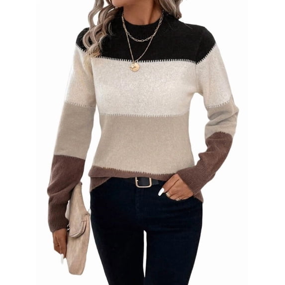 Women'S Color Block Sweaters Long Sleeve Mock Neck Tops Loose Knitted Pullover Sweater Khaki S