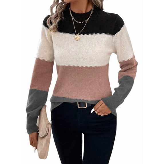 Women'S Color Block Sweaters Long Sleeve Mock Neck Tops Loose Knitted Pullover Sweater Pink S