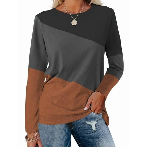 Women'S Color Block Tops Casual Long Sleeve Tunic Round Neck Pullover Shirts Black Brown L