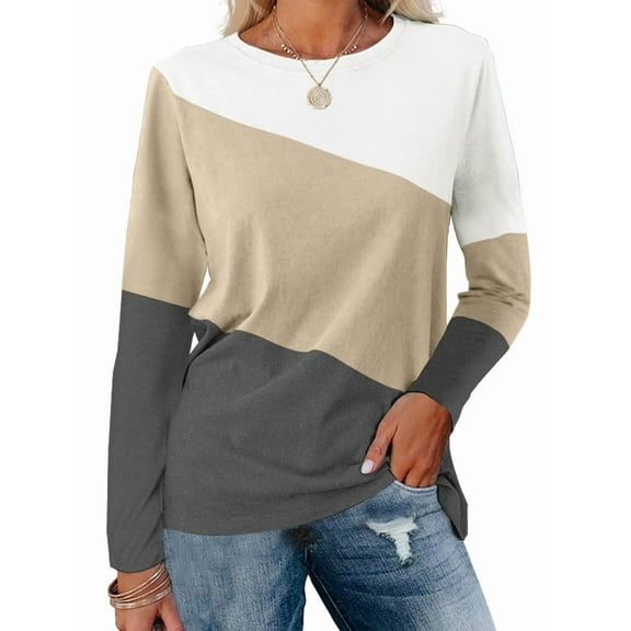 Women'S Color Block Tops Casual Long Sleeve Tunic Round Neck Pullover Shirts White Khaki XL