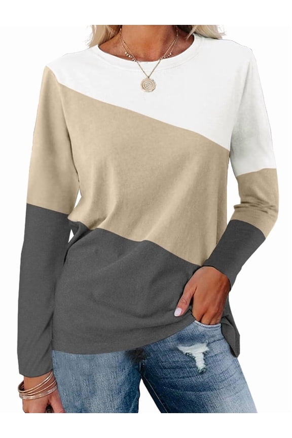 Women'S Color Block Tops Casual Long Sleeve Tunic Round Neck Pullover Shirts White Khaki XL