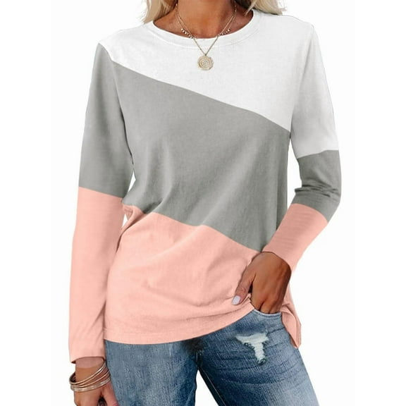 Women'S Color Block Tops Casual Long Sleeve Tunic Round Neck Pullover Shirts White Pink XL